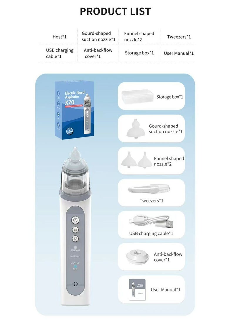 Electric Nasal Aspirator X70 for Babies & Toddlers, Adjustable Suction, Soft Silicone Tip, Clears Thick & Liquid Mucus, USB Rechargeable Baby Nose Cleaner - Image 2