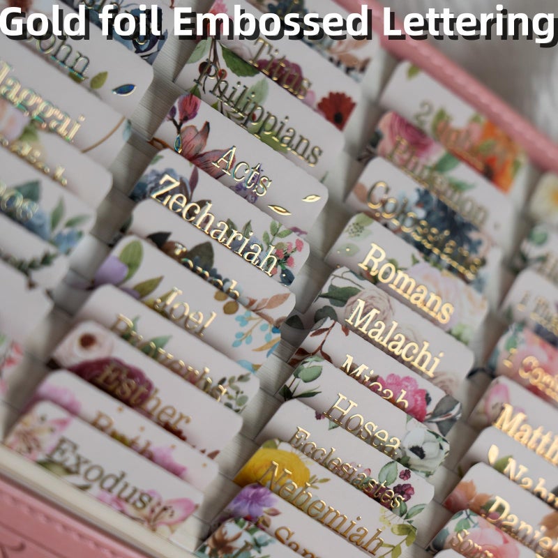 UPAFEXXI-Laminated Bible Tabs for Women and Men (Gold Foil Embossed Lettering) Reposition Large Print tabs, Easy to Read and Apply, 80 Bible Chapters Labels for Easy Navigation(Beige and Floral) - Image 2