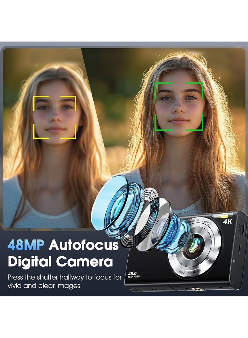 Digital Camera, Autofocus UHD 4K Vlogging Camera with 32GB SD Card & 2 Batteries, 48MP 16X Digital Zoom Digital Camera