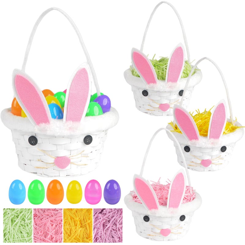 succulentlovers 4 Sets Easter Bunny Ear Woven Baskets Set Easter Eggs Hunting Bucket Wicker with 4 Colors Grass Paper Filler 20PCS Empty Eggs Large Candy Wicker Storage Basket with Handle for Party Favor Picnic - Image 2