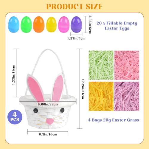 succulentlovers 4 Sets Easter Bunny Ear Woven Baskets Set Easter Eggs Hunting Bucket Wicker with 4 Colors Grass Paper Filler 20PCS Empty Eggs Large Candy Wicker Storage Basket with Handle for Party Favor Picnic - Image 3