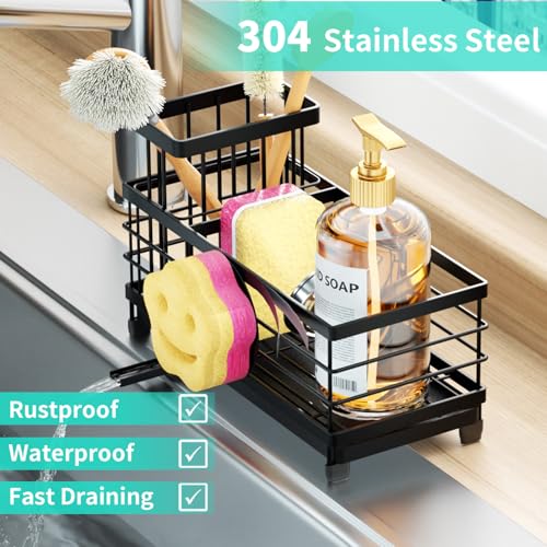 HapiRm Sponge Holder for Kitchen Sink - Self-draining Sink Caddy with Smiley Face and Brush Holder, Stainless Steel Kitchen Organizer for Countertop - Black - Image 5