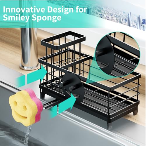HapiRm Sponge Holder for Kitchen Sink - Self-draining Sink Caddy with Smiley Face and Brush Holder, Stainless Steel Kitchen Organizer for Countertop - Black - Image 2