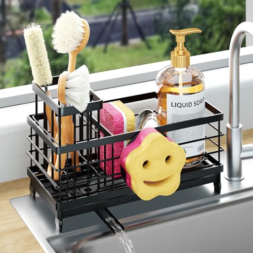 HapiRm Sponge Holder for Kitchen Sink - Self-draining Sink Caddy with Smiley Face and Brush Holder, Stainless Steel Kitchen Organizer for Countertop - Black - Image 1