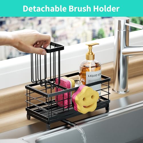 HapiRm Sponge Holder for Kitchen Sink - Self-draining Sink Caddy with Smiley Face and Brush Holder, Stainless Steel Kitchen Organizer for Countertop - Black - Image 4