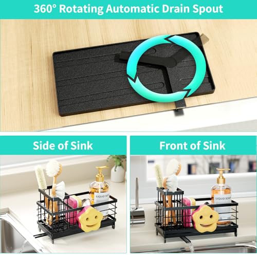 HapiRm Sponge Holder for Kitchen Sink - Self-draining Sink Caddy with Smiley Face and Brush Holder, Stainless Steel Kitchen Organizer for Countertop - Black - Image 3