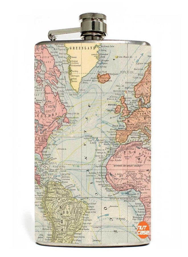 Designer Hip Flask 7 Oz Nutcase - World Map