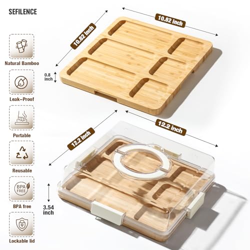 SEFILENCE Charcuterie Board with Clear Locking Lid and Handle, 6 Compartment Bamboo Cheese Board Snackle Box, Portable Cutting Board for Snacks, Fruits&Meats, Ideal Gift for Parties, Birthday& House Warming - Image 2