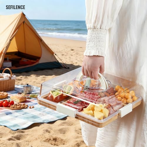 SEFILENCE Charcuterie Board with Clear Locking Lid and Handle, 6 Compartment Bamboo Cheese Board Snackle Box, Portable Cutting Board for Snacks, Fruits&Meats, Ideal Gift for Parties, Birthday& House Warming - Image 4