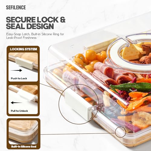 SEFILENCE Charcuterie Board with Clear Locking Lid and Handle, 6 Compartment Bamboo Cheese Board Snackle Box, Portable Cutting Board for Snacks, Fruits&Meats, Ideal Gift for Parties, Birthday& House Warming - Image 3