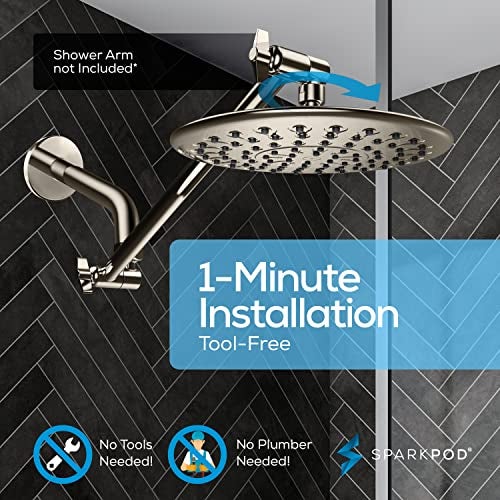 SparkPod 9.5 Inch Large Rain Shower Head - Luxury Rainfall Shower Head - High Pressure Showerhead, Full Body Coverage with Anti-Clog Silicone Nozzles -No Hassle, Easy Install (1/2 NPT, Brushed Nickel) - Image 3
