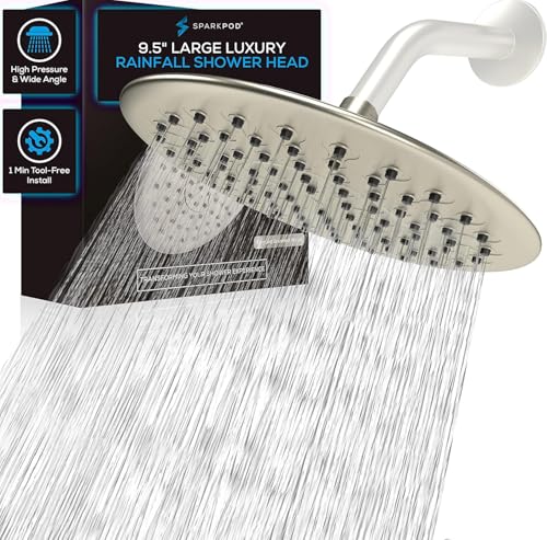 SparkPod 9.5 Inch Large Rain Shower Head - Luxury Rainfall Shower Head - High Pressure Showerhead, Full Body Coverage with Anti-Clog Silicone Nozzles -No Hassle, Easy Install (1/2 NPT, Brushed Nickel) - Image 1