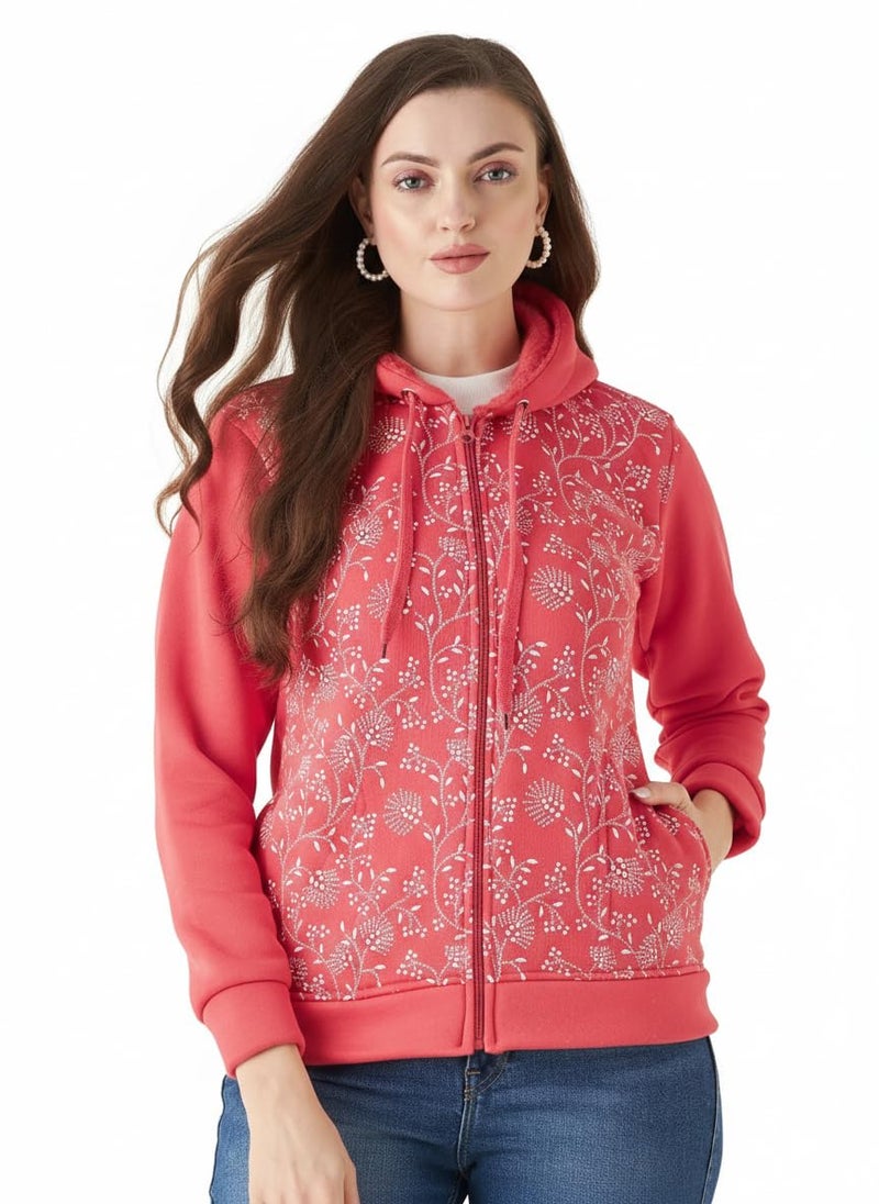 Pivl Women Printed Hooded Casual Jacket For Winter- Peach - Image 5