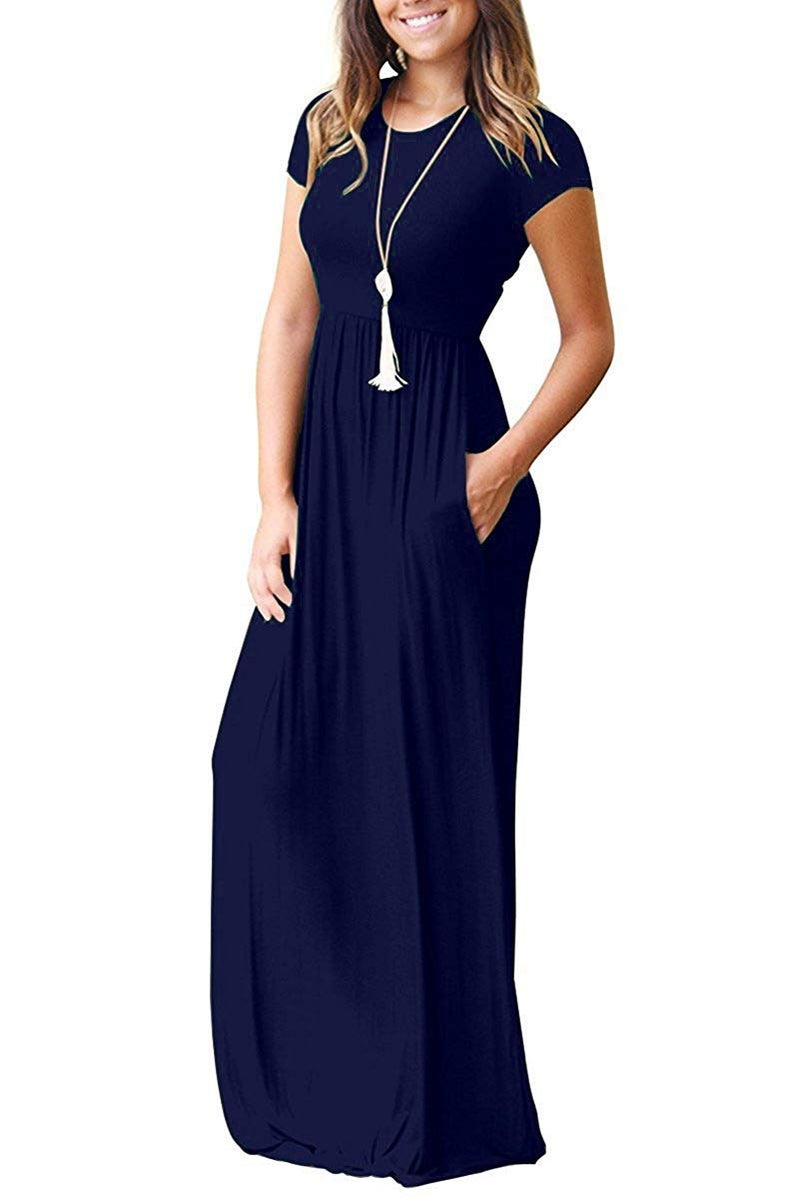AUSELILY Women's Short Sleeve Loose Plain Casual Long Maxi Dresses for Women 2025 Navy Blue S - Image 2
