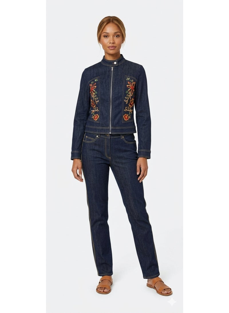 Women denim embroidery floral jeans set of 2 pieces suit jacket and pants 36 - Image 1