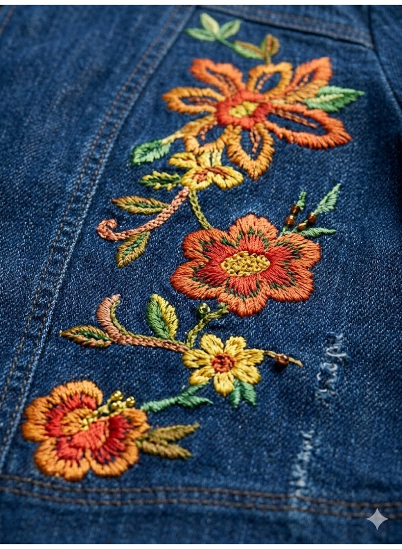 Women denim embroidery floral jeans set of 2 pieces suit jacket and pants 36 - Image 2