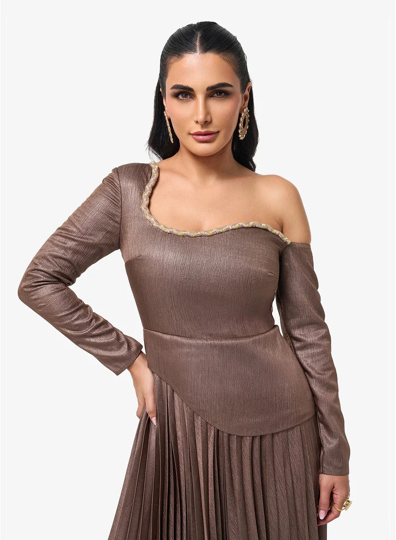 Threadz By Ajooni  One Shoulder Plisse Maxi Dress for Women | Best Price UAE