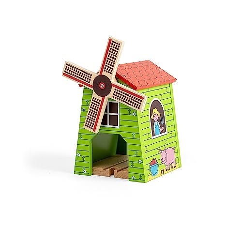 Bigjigs Rail نفق طاحونة الرياح لقطار بيججيج - ملحقات قطار بيججيج، ملحقات مسار القطار الخشبي، طاحونة للعبة القطار، قطارات للأطفال - Image 1