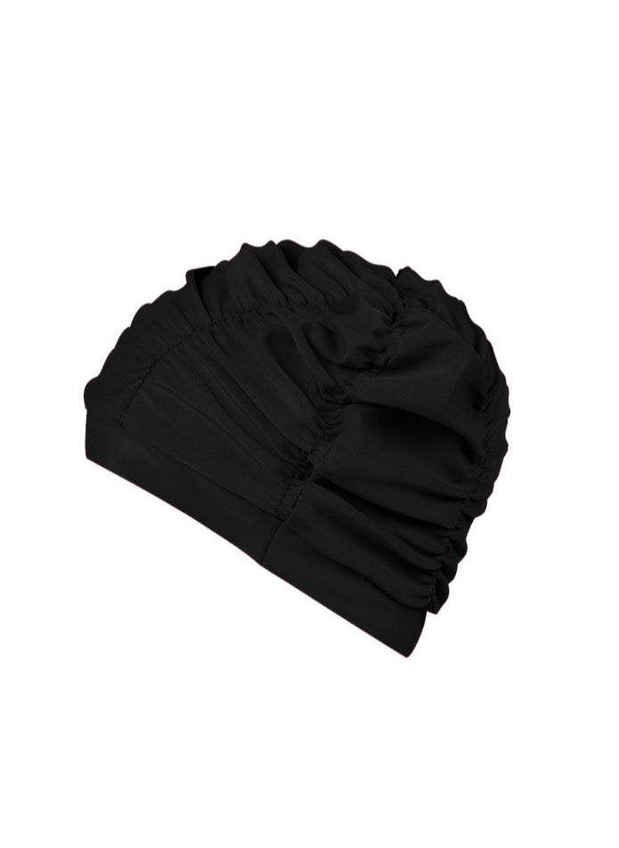 Nylon Swimming Cap Pool Beach Hat Pleated Swim Cap for Long Hair Women, Black - Image 4