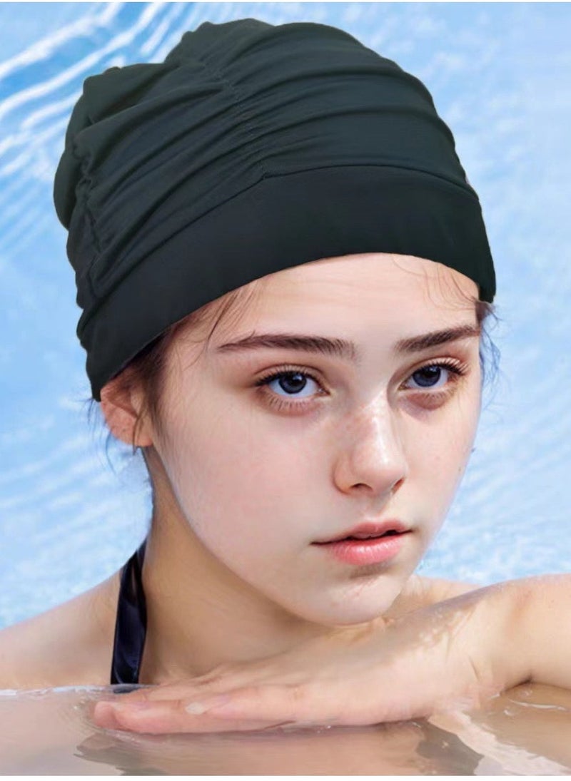 Nylon Swimming Cap Pool Beach Hat Pleated Swim Cap for Long Hair Women, Black - Image 1