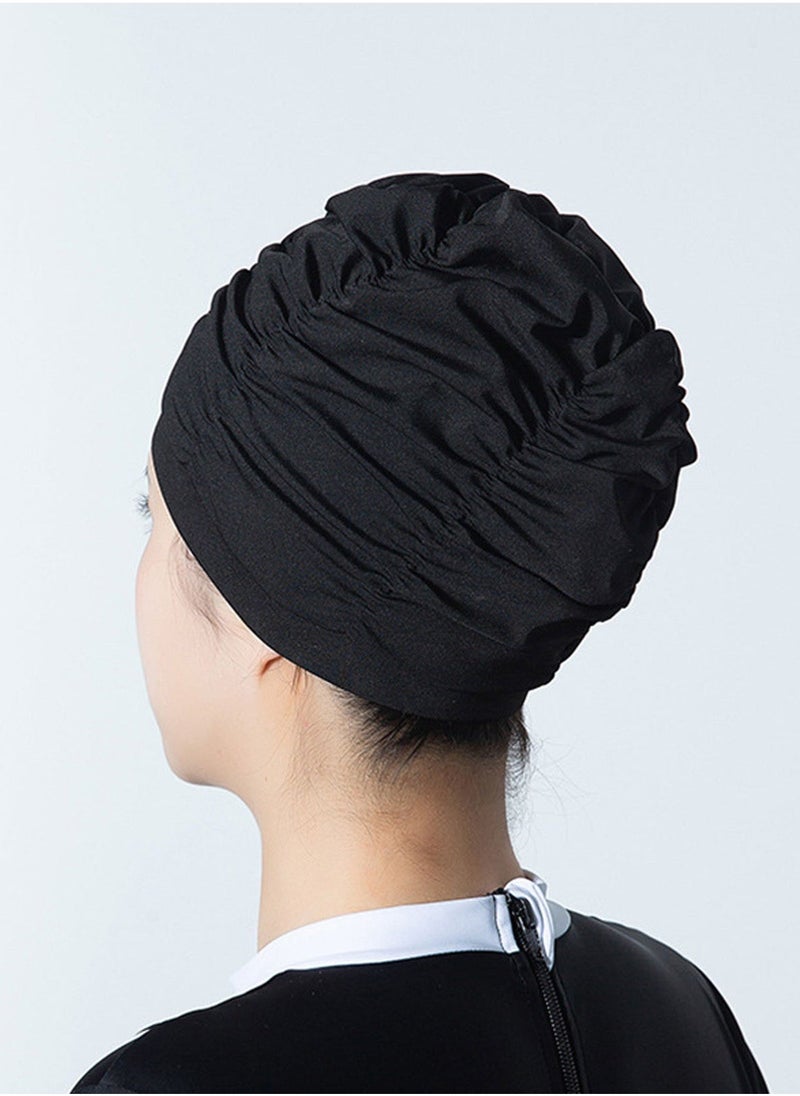 Nylon Swimming Cap Pool Beach Hat Pleated Swim Cap for Long Hair Women, Black - Image 3