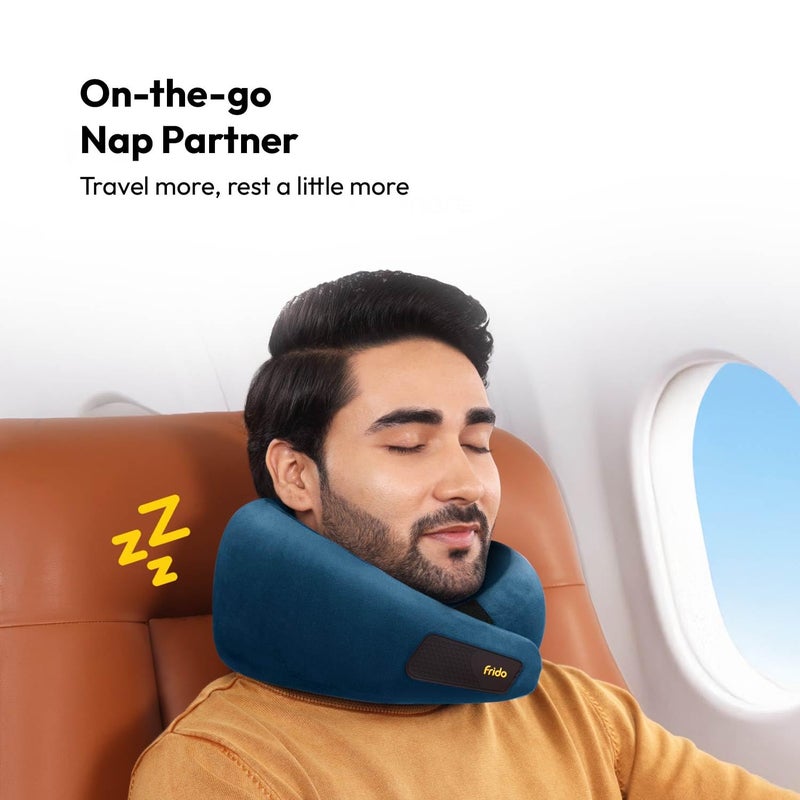 Frido وسادة عنق للسفر، 100% فوم هاي-بير، وسادة دعم عنق خفيفة الوزن، وسادة عنق للسفر بالطائرة، وسادة عنق للسيارة من فوم الذاكرة، أحزمة فيلكرو قابلة للتعديل، حقيبة سفر مجانية (أزرق ياقوتي) - Image 4