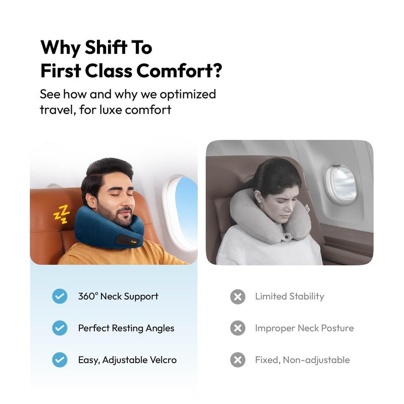 Frido وسادة عنق للسفر، 100% فوم هاي-بير، وسادة دعم عنق خفيفة الوزن، وسادة عنق للسفر بالطائرة، وسادة عنق للسيارة من فوم الذاكرة، أحزمة فيلكرو قابلة للتعديل، حقيبة سفر مجانية (أزرق ياقوتي) - Image 2