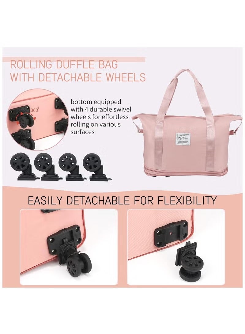Arabest Rolling Duffle Bag with Wheels Expandable Foldable Duffle Bag with Wheels and Handle for Travel Rolling Luggage bag Carry on Duffel Bag Wheeled Travel Duffle Bag Large Weekend Bag (Pink)  - Image 5