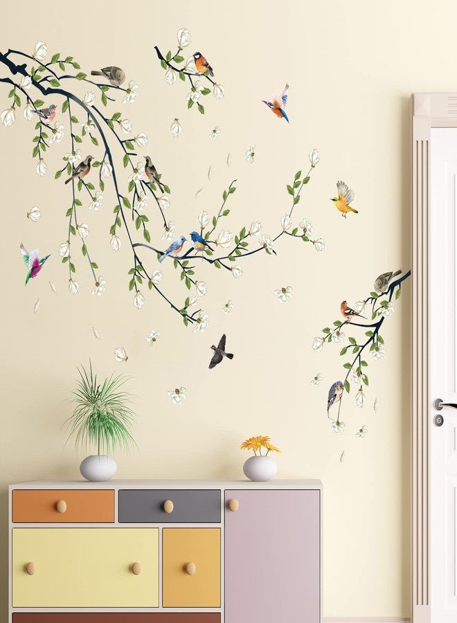 LiveGallery 4 Sheets Magnolia Branches Wall Decals White Flowers Wall Stickers DIY Removable Colorful Birds Wall Sticker Petals Falling Home Decoration for Girls Bedroom Living Room Kitchen Bathroom TV Background - Image 5