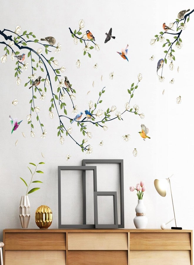 LiveGallery 4 Sheets Magnolia Branches Wall Decals White Flowers Wall Stickers DIY Removable Colorful Birds Wall Sticker Petals Falling Home Decoration for Girls Bedroom Living Room Kitchen Bathroom TV Background - Image 1
