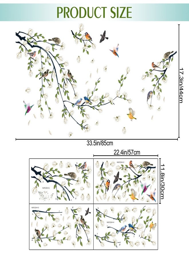 LiveGallery 4 Sheets Magnolia Branches Wall Decals White Flowers Wall Stickers DIY Removable Colorful Birds Wall Sticker Petals Falling Home Decoration for Girls Bedroom Living Room Kitchen Bathroom TV Background - Image 2