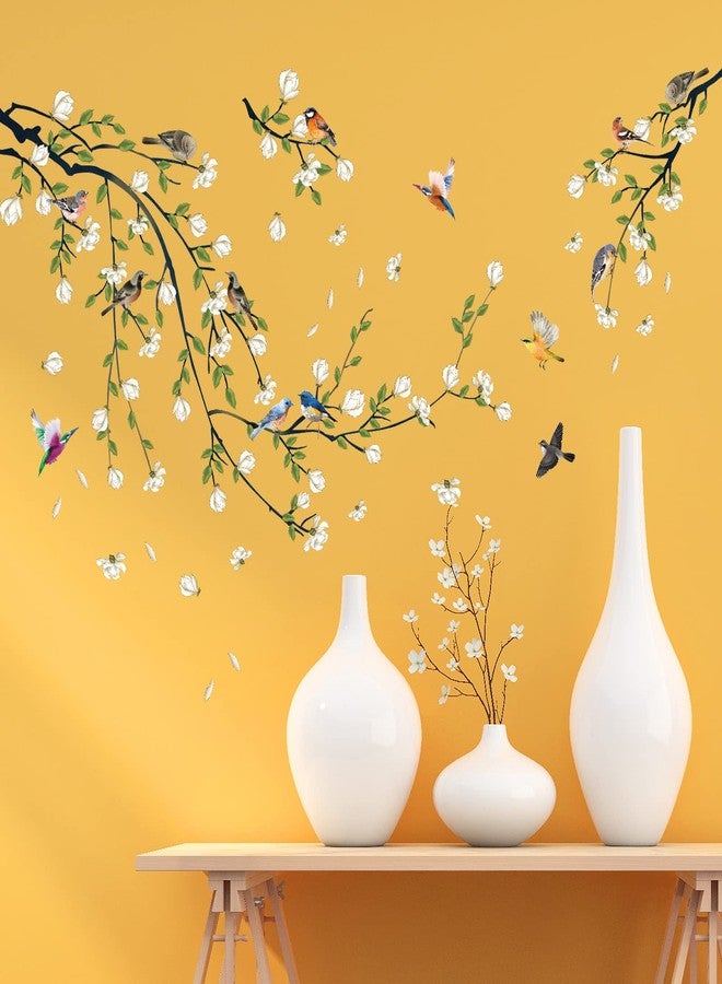 LiveGallery 4 Sheets Magnolia Branches Wall Decals White Flowers Wall Stickers DIY Removable Colorful Birds Wall Sticker Petals Falling Home Decoration for Girls Bedroom Living Room Kitchen Bathroom TV Background - Image 4