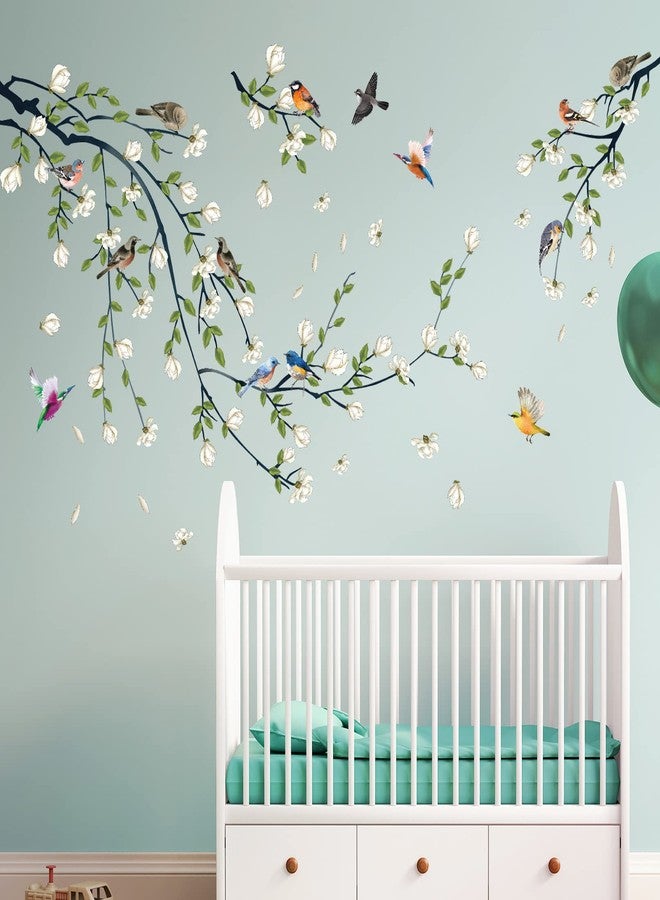LiveGallery 4 Sheets Magnolia Branches Wall Decals White Flowers Wall Stickers DIY Removable Colorful Birds Wall Sticker Petals Falling Home Decoration for Girls Bedroom Living Room Kitchen Bathroom TV Background - Image 3