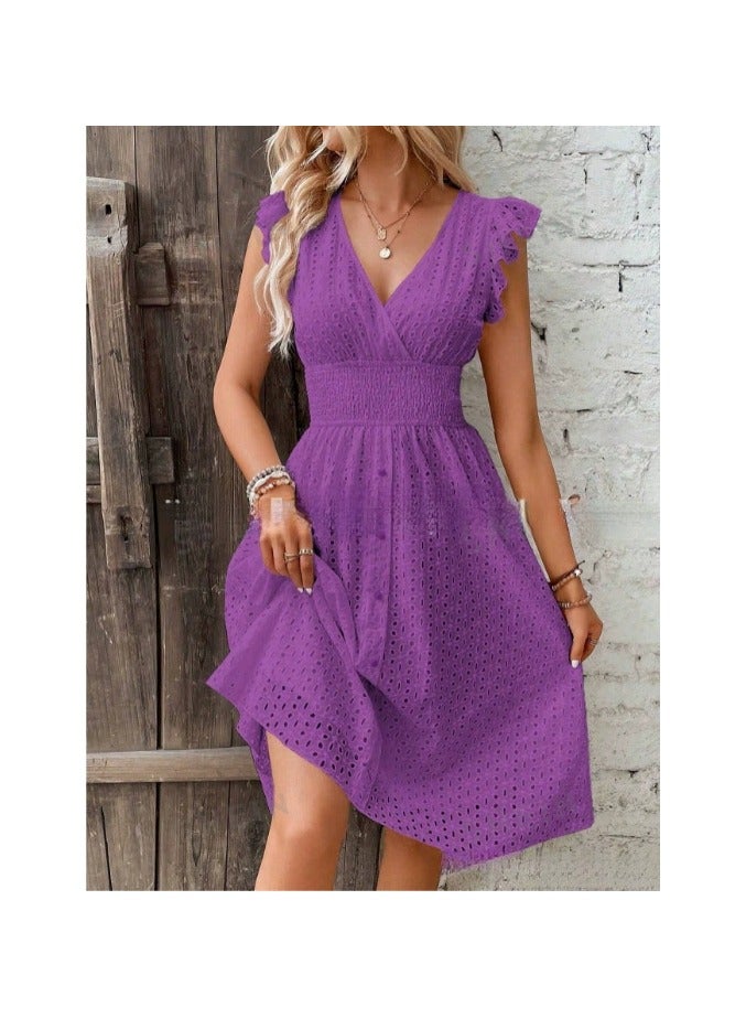 general New women's long dress with jacquard pattern and openwork design, slimming effect. V-neck, large size, solid color dress. - Image 1