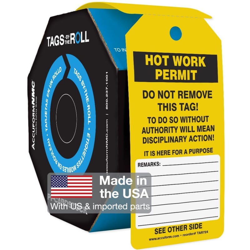 AccuformNMC 250 Inspection and Status Record Tags by-The-Roll, Hot Work Permit, US Made OSHA Compliant Tags, Waterproof PF-Cardstock, Resists Tears, 6.25"x3", TAR724 - Image 1