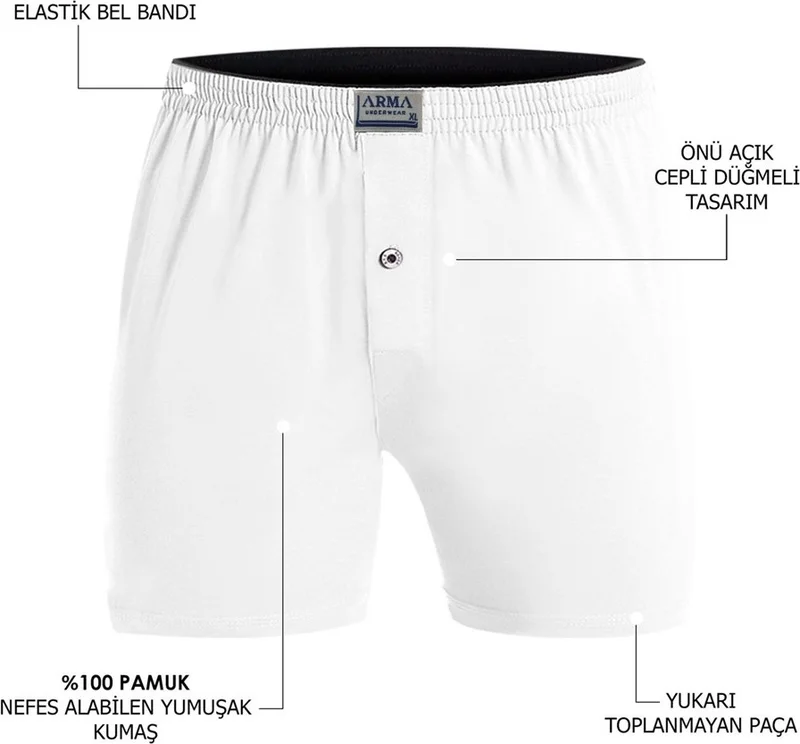 Arma Yıldız White Men's Buttoned Boxer Towel Waist 100% Cotton Combed Cotton