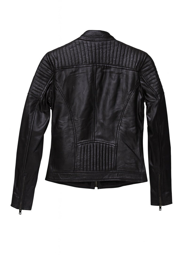 Women Black Leather Jacket – Quilted Shoulder Design, Zipper Closure & Multi-Pocket Front - Image 2