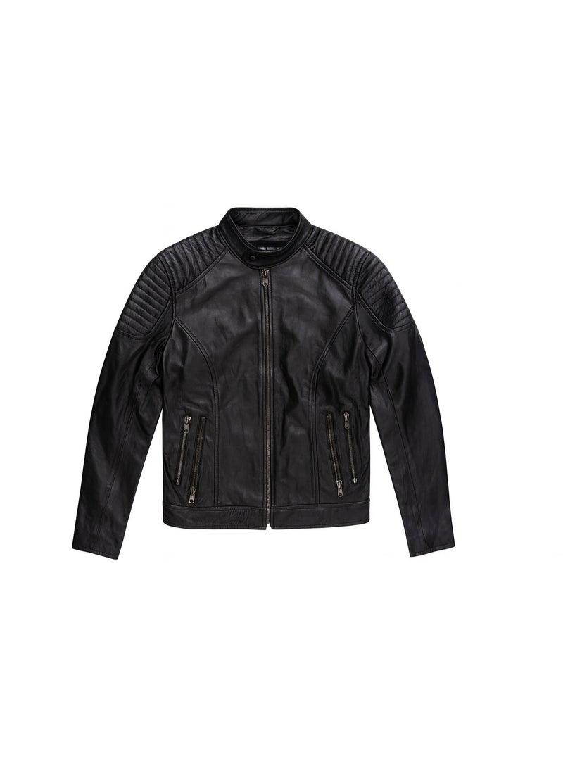 Women Black Leather Jacket – Quilted Shoulder Design, Zipper Closure & Multi-Pocket Front - Image 1