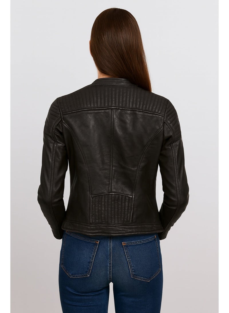 Women Black Leather Jacket – Quilted Shoulder Design, Zipper Closure & Multi-Pocket Front - Image 4