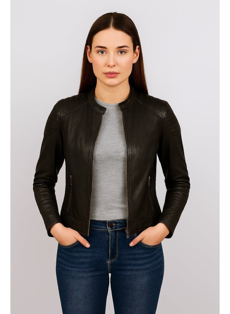 Women Black Leather Jacket – Quilted Shoulder Design, Zipper Closure & Multi-Pocket Front - Image 5