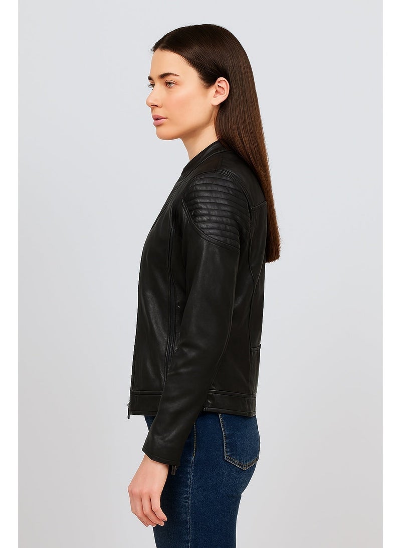 Women Black Leather Jacket – Quilted Shoulder Design, Zipper Closure & Multi-Pocket Front - Image 3