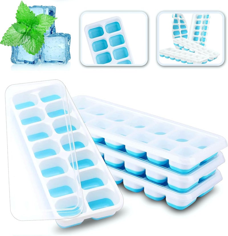 Ice Cube Trays, 4 Pack - Easy Release Silicone & Flexible 14 Ice Trays with Removable Spill Resistant Lid, BPA Free, Stackable - Blue - Image 1