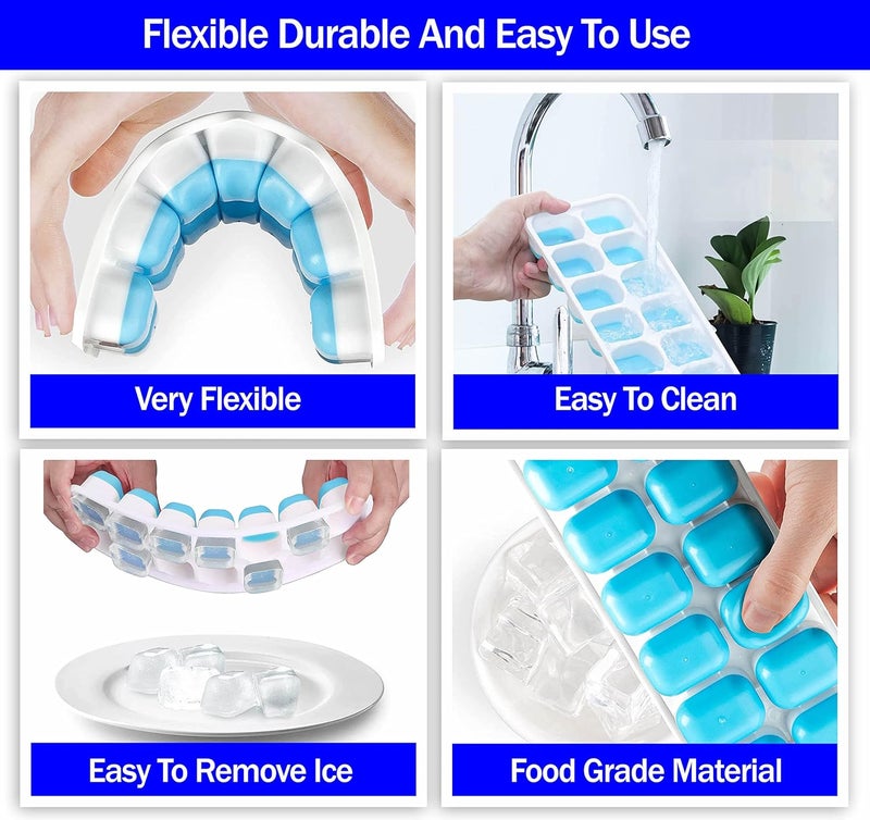 Ice Cube Trays, 4 Pack - Easy Release Silicone & Flexible 14 Ice Trays with Removable Spill Resistant Lid, BPA Free, Stackable - Blue - Image 3