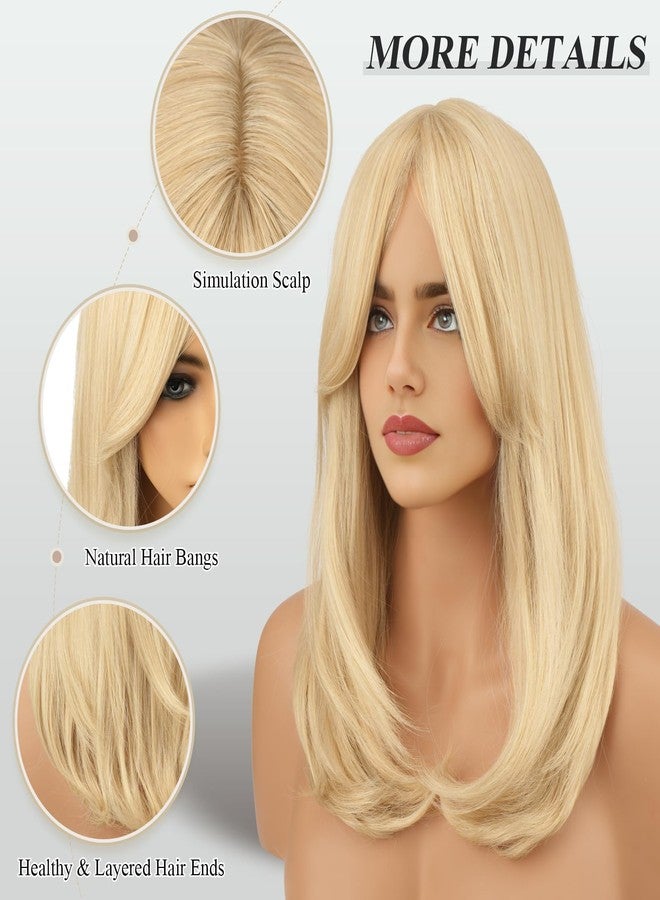 FESHFEN باروكات فيش فين الشقراء مع غرة - باروكة شعر صناعي طويلة مستقيمة بلون أشقر فاتح تبدو طبيعية للاستخدام اليومي والحفلات للنساء، 18 بوصة - Image 4