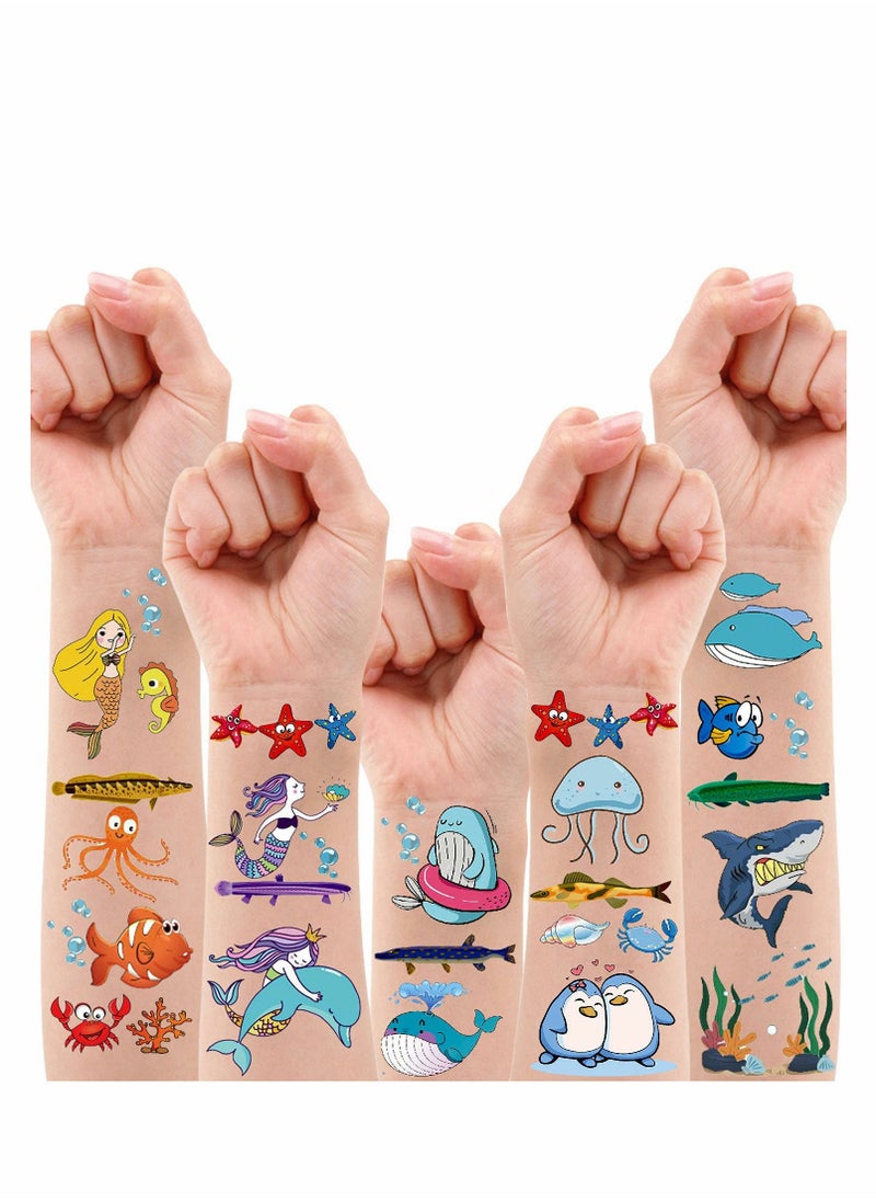 Excefore - Ocean Theme Temporary Tattoos, Fake Tattoos Stickers With Mermaid Shark Tropical Fish Whale, Beach Pool Under Sea Decorations Birthday Party Supplies Favors for Boys and Girls, 12 Sheets - Image 1