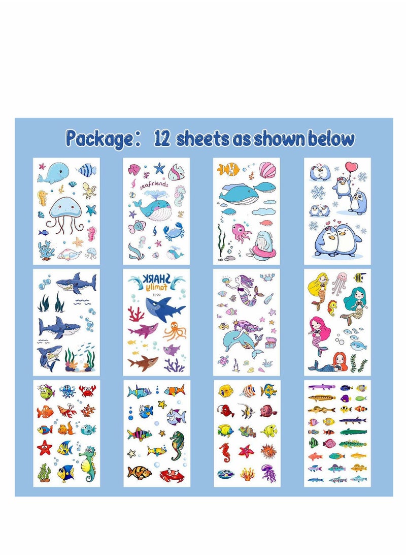 Excefore - Ocean Theme Temporary Tattoos, Fake Tattoos Stickers With Mermaid Shark Tropical Fish Whale, Beach Pool Under Sea Decorations Birthday Party Supplies Favors for Boys and Girls, 12 Sheets - Image 1
