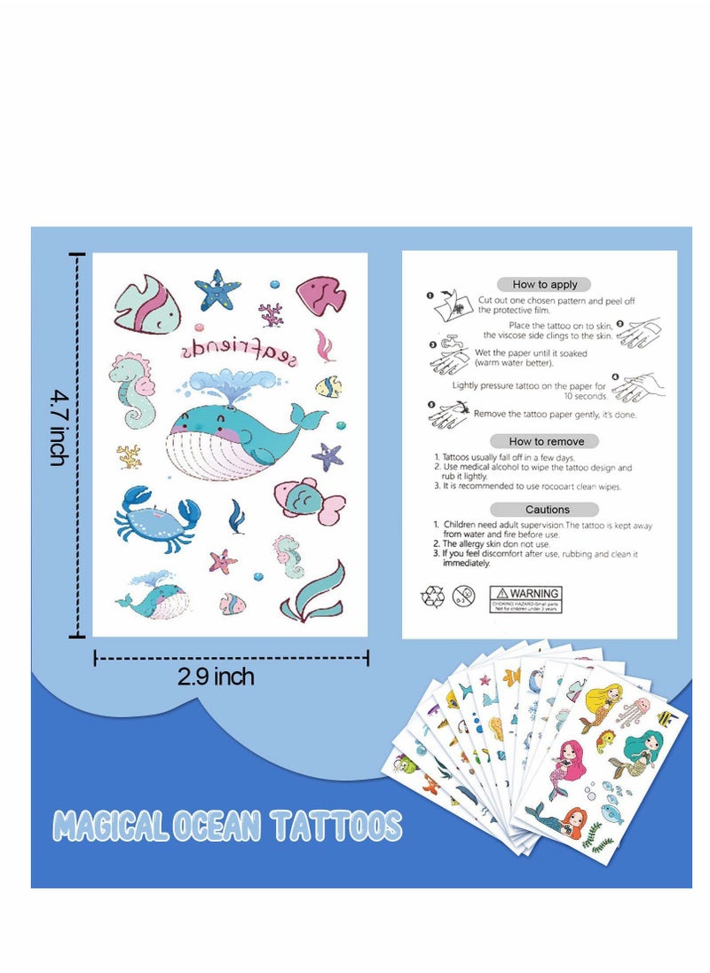 Excefore - Ocean Theme Temporary Tattoos, Fake Tattoos Stickers With Mermaid Shark Tropical Fish Whale, Beach Pool Under Sea Decorations Birthday Party Supplies Favors for Boys and Girls, 12 Sheets - Image 1