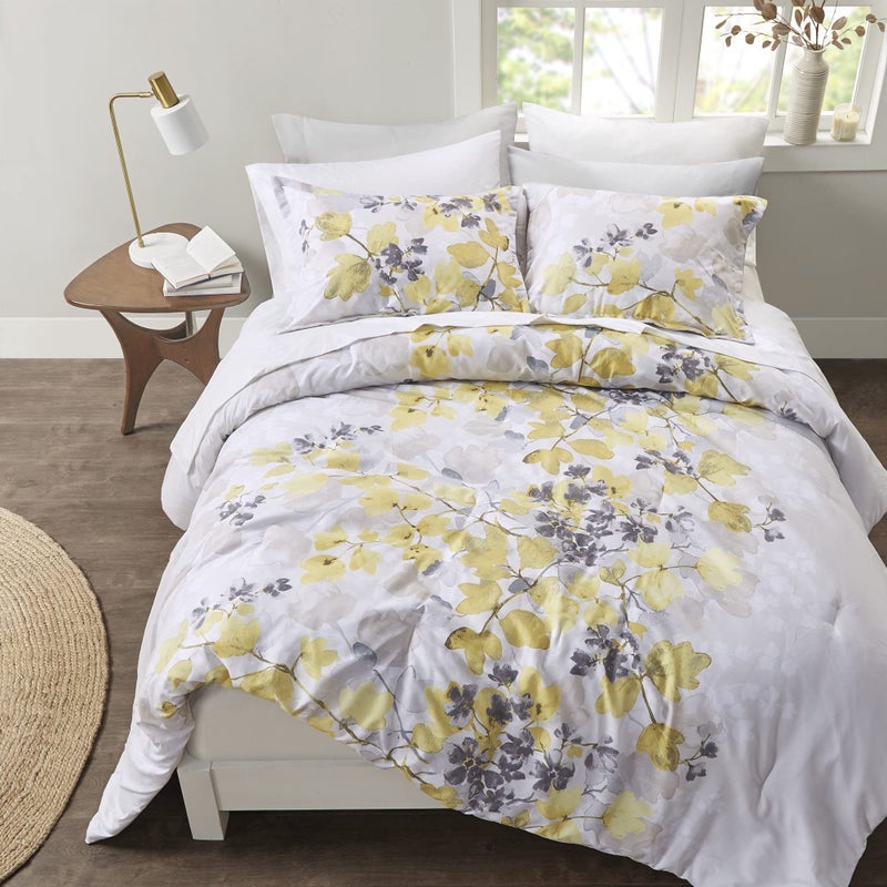 Madison Park Bed in A BagTrendy Casual Design Cozy Comforter with Complete Sheet Set with Side Pocket All Season Cover Matching Shams King Leaf Yellow 9 Piece