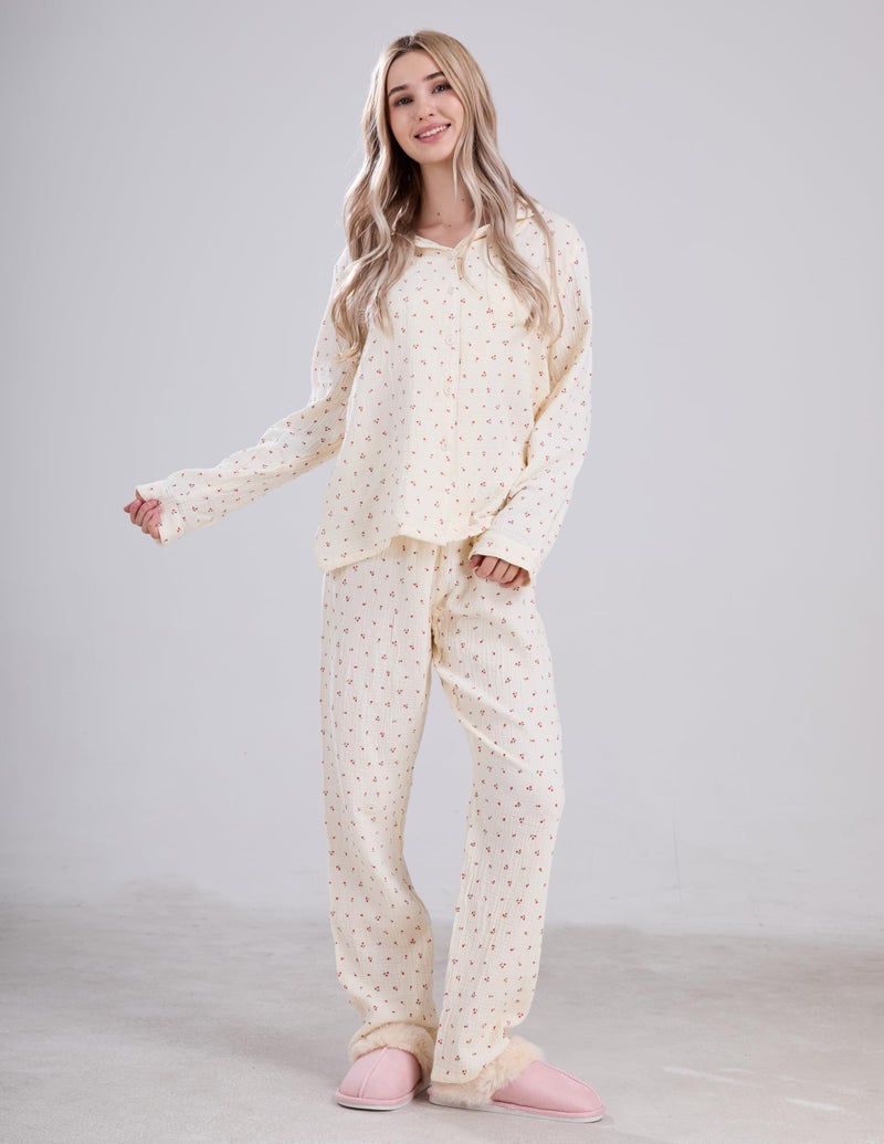 codcm Womens Cotton Gauze Pajama Set Long Sleeve Button Up Shirt and Pants 2 Piece Cute Printed Pj Set - Image 5