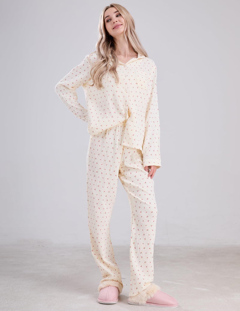 codcm Womens Cotton Gauze Pajama Set Long Sleeve Button Up Shirt and Pants 2 Piece Cute Printed Pj Set - Image 4